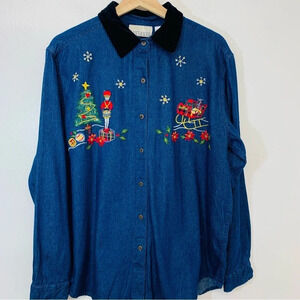 Vintage Holiday Demin Shirt Woman Large  Blue Graphic Embroidery ‎ Velvet Collar